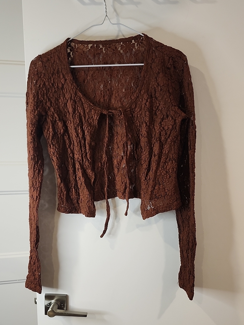 P2P 16" Brown Lace Tie-Front Long Sleeve Cardigan